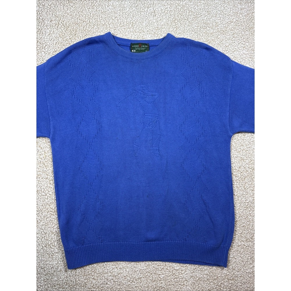 Vintage 80s Lord Jeff Sweater Mens L Blue Cable Knit Golfer 100% Fine Cotton USA